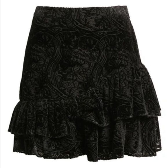 Ted Baker London Marinah Dropped Waist Ruffled Black Velvet Mini Skirt- Size 2 - Picture 1 of 6